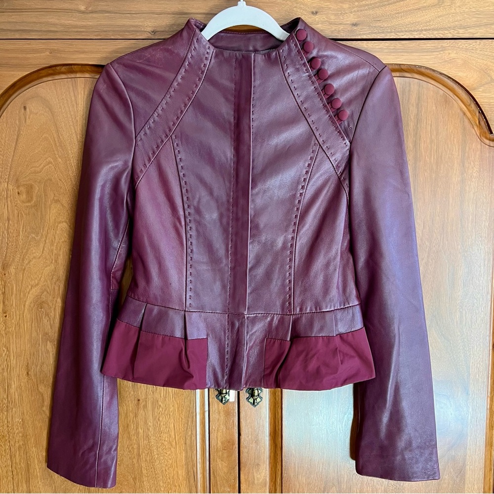 BCBG MaxAzaria Maroon Leather Chic Moto Jacket